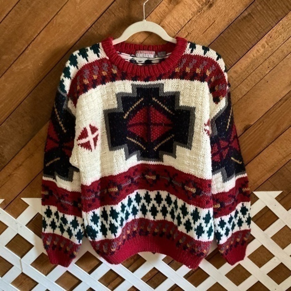 Vintage 3D look Aztec grandpa sweater size M
